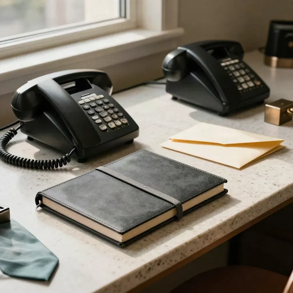 Due telefoni analogici, busta sigillata e fascette su credenza chiara, luce calda obliqua.