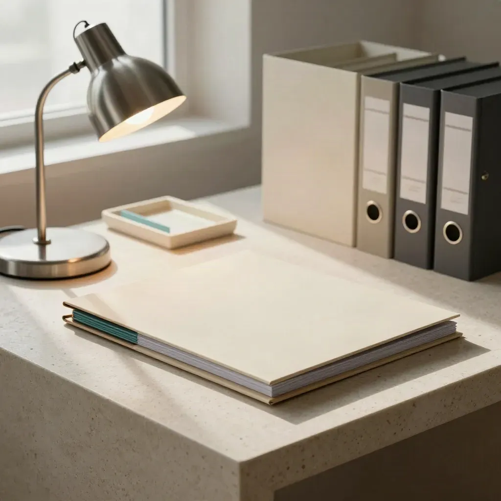 Studio milanese con due fascicoli chiusi, lampada cromata, vassoio in pietra e cassetta archivio.