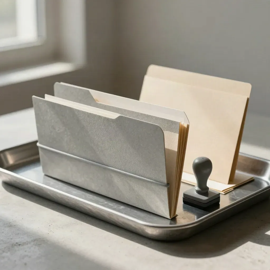 Vassoio metallico con cartelline, elastici e sigillo su concreto chiaro